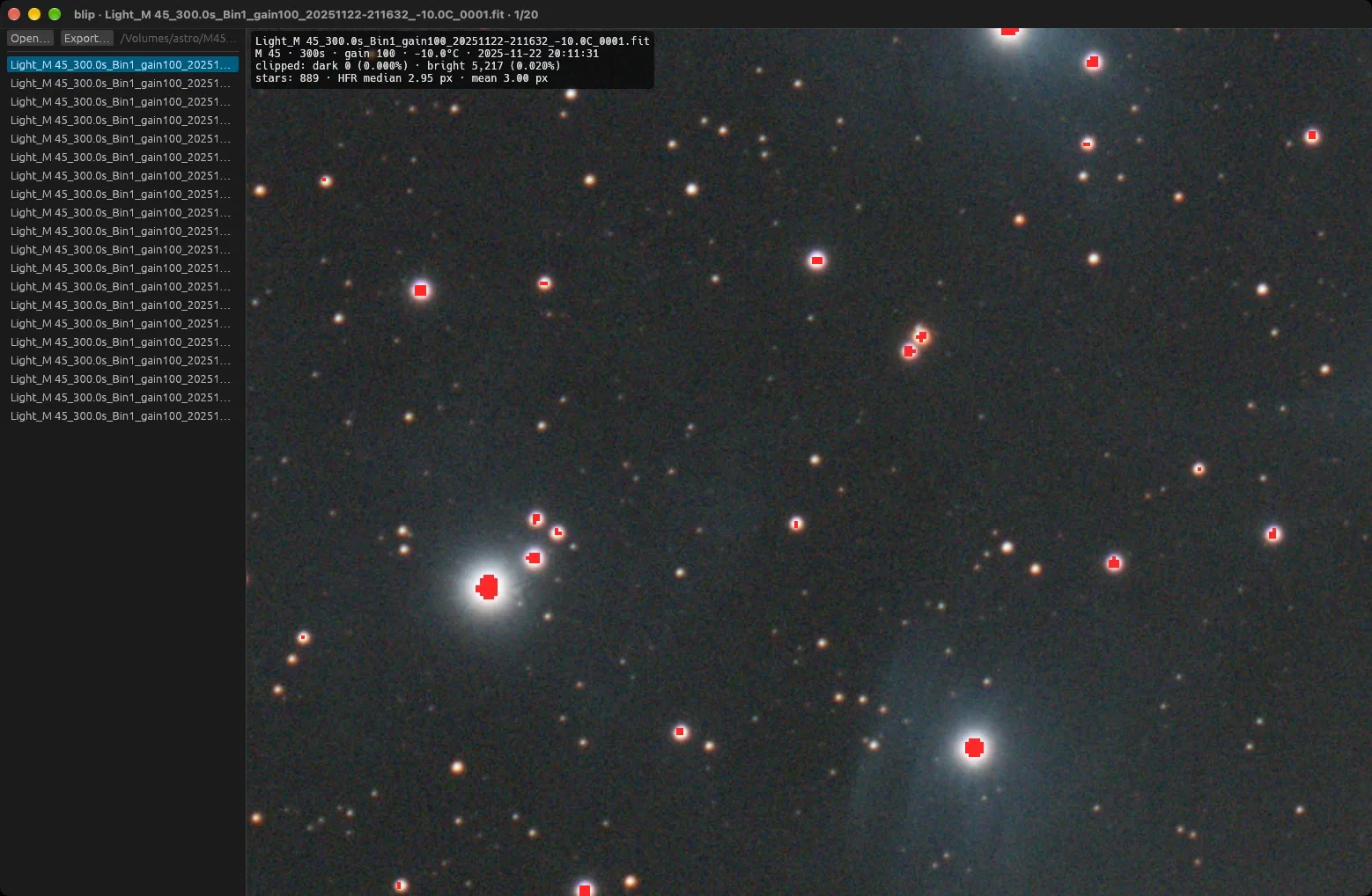 Saturated star cores in M45 flashing red
