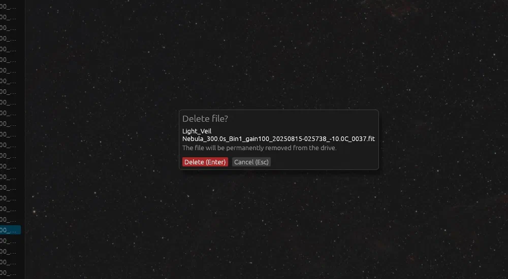 The delete confirmation dialog over a Veil Nebula frame
