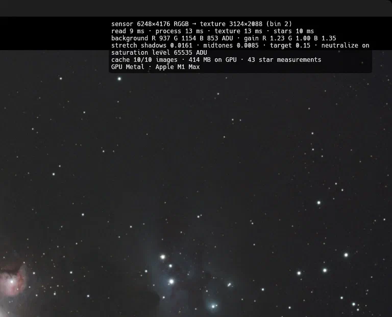 The debug panel showing read, process and texture timings for an M42 frame