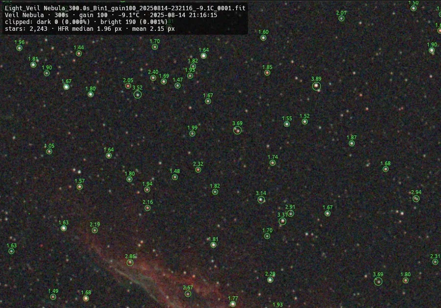 blip marking every detected star in the Veil Nebula with its HFR value